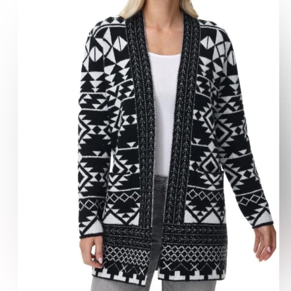 FRYE The Cozy Cardigan Black/White Geo Aztec Print Sweater Women's XS NWT